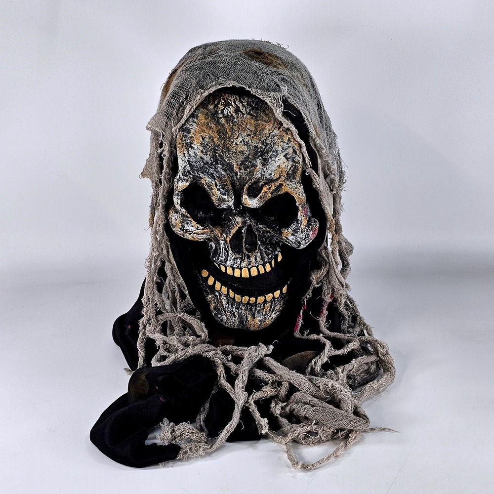 Vtg Grim Reaper Skull Mask w/ Movable Jaw Tattered Hood Halloween Horror Costume
